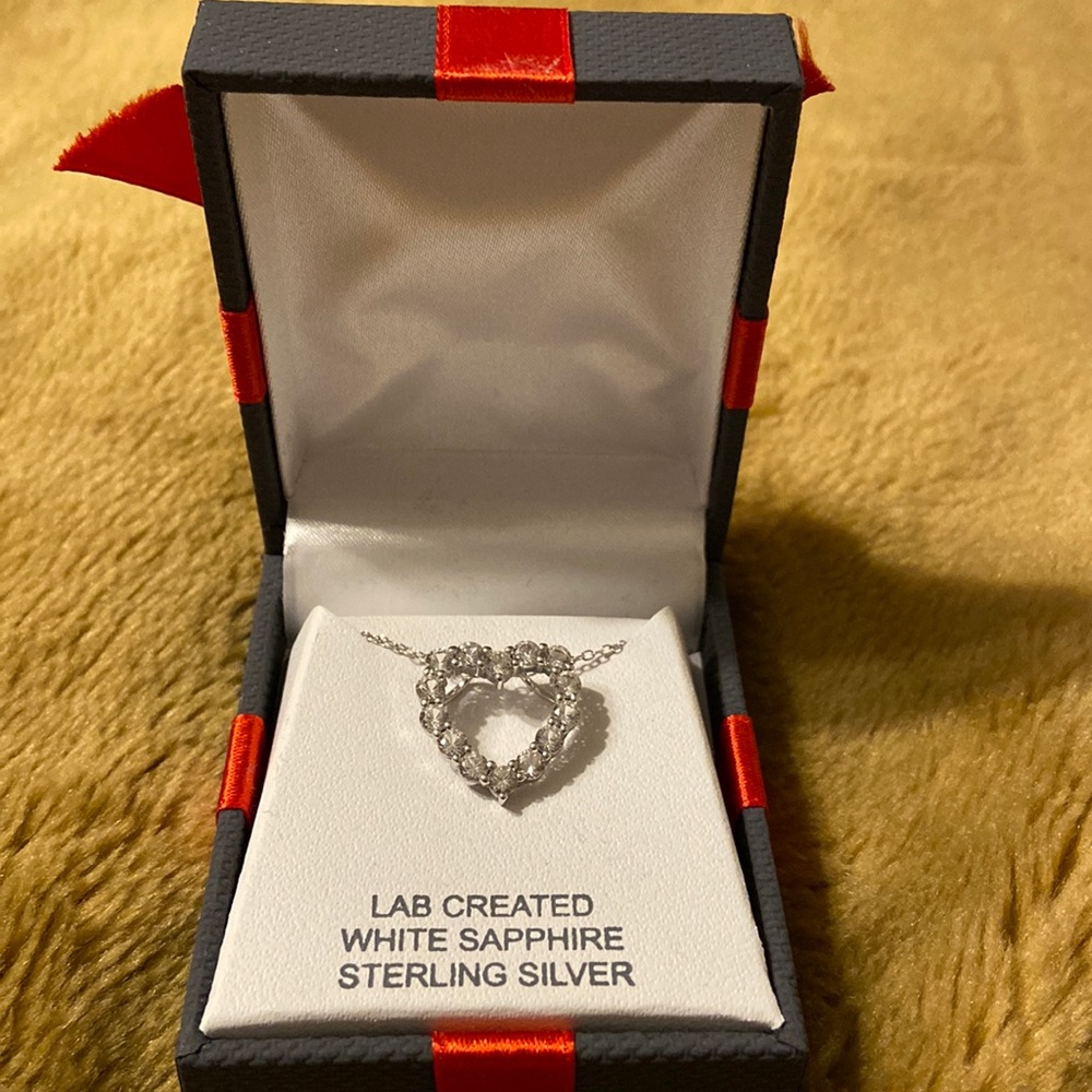Lab Created White Sapphire Sterling Silver Heart necklace new in box